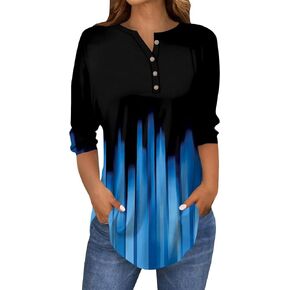 3/4 Length Sleeve Womens Tops Printed Curved Hem T Shirt Button Down Tops Comfy Blouses Dressy Plus Size Tunics