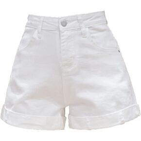 Women's High Waisted Denim Shorts Summer Stretchy Folded Hem Jeans Shorts Elastic Casual Short Jeans