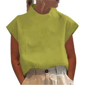 Summer Tops for Women 2025 Vacation Trendy Dressy Casual High Neck Cotton Linen Breathable Cap Sleeve Shirt