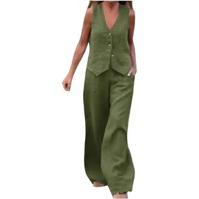 Women's 2 Piece Cotton Linen Outfits Fashion V Neck Button Down Vest and Wide Leg Long Pants with Pocket Lounge Sets