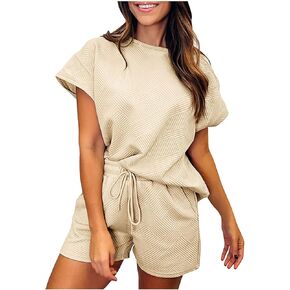 Womens 2 قطعة ملابس صالة مجموعات قصيرة الأكمام Crewneck Tshirt شورت الساق واسعة