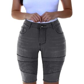 Womens Knee Length Curvy Stretch Short Jeans Middle Rise Stretchy Denim Shorts Summer Mid Waisted Denim Shorts