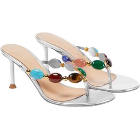 Women's Jewelled Thong Strappy Sandal Summer Mules Kitten Heels Flip Flop Round Open Toe Mid Heels Fashion Wedding Party Dress Thong Casual Shoes