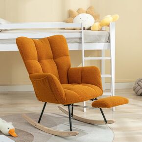 FOXHUNTER Rocking Chair Nursery, Teddy Glider Rocker with Adjustable Headrest and Footrest, Upholstered Rocker Recliner Chair for Living Rooms Bedrooms Offices, Teddy Ivory