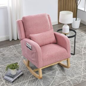 Rocking Chair Nursery with Pillow, Nursery Rocking Chairs in Teddy Fabric with Wingback & Armrest, Built-in 2 Side Pockets, Comfy Nursery Glider Nursing Chair Armchair for Living Room, Bedroom, Beige