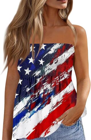 Tube Top for Women Strapless 4th of July T Shirts Casual Sleeveless Cute Tank Tops Flag Print Beach Vacation Shirts in Saudi Arabia