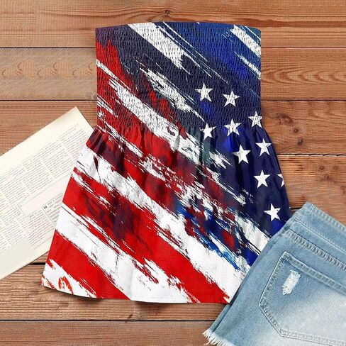 Tube Top for Women Strapless 4th of July T Shirts Casual Sleeveless Cute Tank Tops Flag Print Beach Vacation Shirts in Saudi Arabia