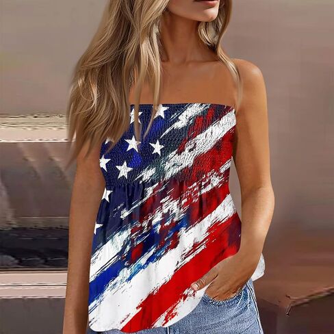 Tube Top for Women Strapless 4th of July T Shirts Casual Sleeveless Cute Tank Tops Flag Print Beach Vacation Shirts in Saudi Arabia