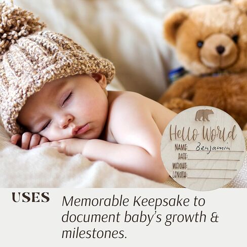 إعلان ولادة طفل خشبي مخصص-لوحة حديثي الولادة محفورة مخصصة مع إحصائيات الولادة-تذكار محايد بين الجنسين لصور الحضانة والطفل-هدية فريدة من نوعها للاستحمام الطفل (Deer Hello World) in Kuwait