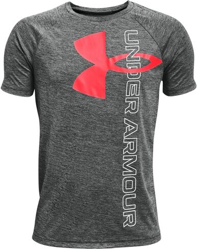 Under Armour Boys' Standard Tech Split Logo Hybrid Short-Sleeve T-Shirt, (820) Rush Red Light Heather / / White, Large in Saudi Arabia