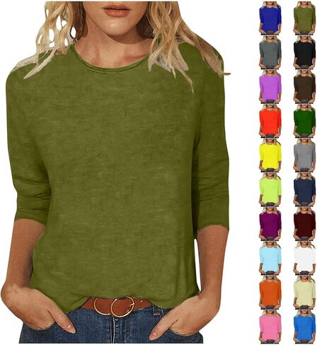 3/4 طول الأكمام توبس نساء غير رسمية العطلات الصيفية غير الرسمية بلوزات خفيفة الوزن فضفاضة 3 ربع قمصان سترة الأكمام in Kuwait