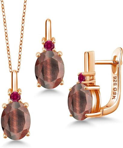 Gem Stone King 18K Rose Gold Plated Silver Peach Nano Morganite and Red Created Ruby Pendant Earrings Set For Women (6.18 Cttw, with 18 Inch Chain) in Kuwait