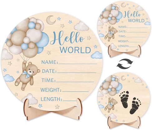Double-Sided Wooden Newborn Birth Sign, Pink Bear Baby Announcement Sign, Girl Bear Hello World Name Sign for Hospital, Gift for New Mom Baby Shower, Photography Prop in Saudi Arabia
