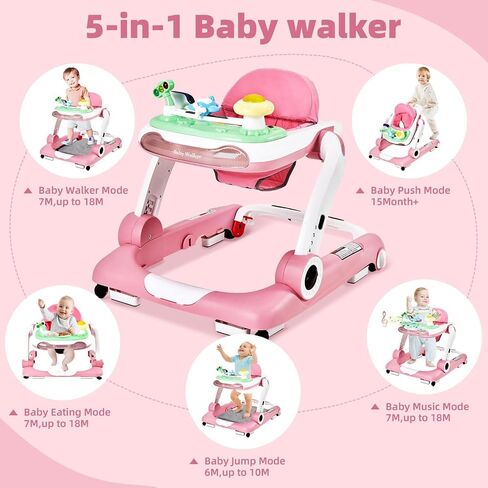 Music and Lights Baby Walker with Wheels,5-in-1 Baby Activity Center with Removable Toys and Music Bouncer,Adjustable Height Baby Walkers for Boys Girls Babies 6-18 Months in Kuwait