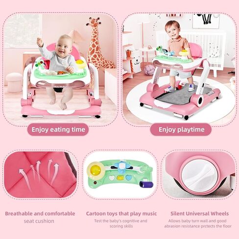 Music and Lights Baby Walker with Wheels,5-in-1 Baby Activity Center with Removable Toys and Music Bouncer,Adjustable Height Baby Walkers for Boys Girls Babies 6-18 Months in Kuwait