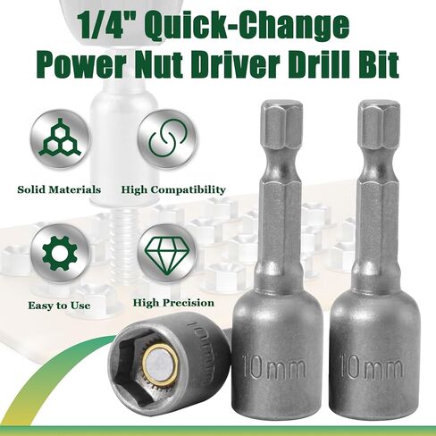 2 Pcs 1/4" Hex Shank 10mm Magnetic Nut Driver Bit - Quick-Change Nut Driver Bit for Power Drill Impact Drivers - 1.89" Length in Saudi Arabia