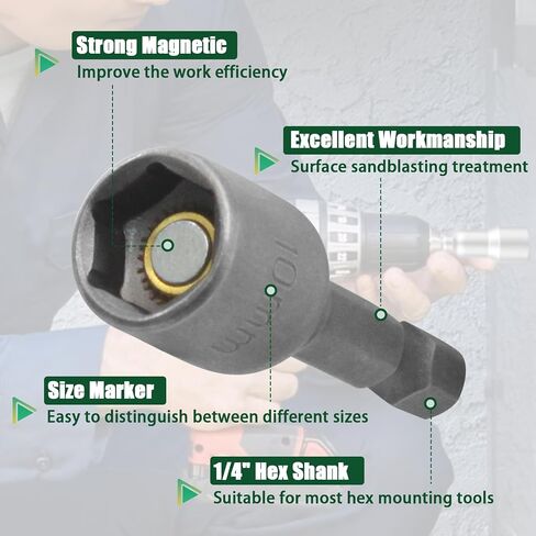 2 Pcs 1/4" Hex Shank 10mm Magnetic Nut Driver Bit - Quick-Change Nut Driver Bit for Power Drill Impact Drivers - 1.89" Length in Saudi Arabia