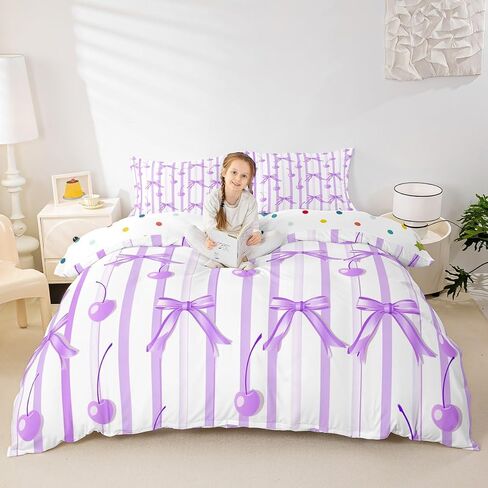 jejeloiu Coquette Bows Kids Bedding Set Toddler Size Cute Fruit Cherry Duvet Cover for Boys Girls Teens Bedroom Decor Stripes Comforter Cover Geometric Breathable Soft Lightweight Microfiber 2Pcs in Saudi Arabia