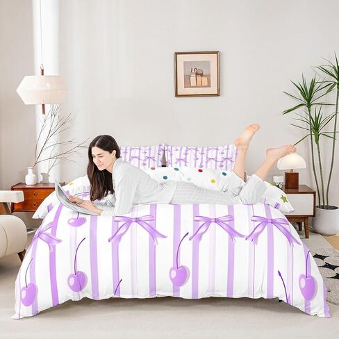 jejeloiu Coquette Bows Kids Bedding Set Toddler Size Cute Fruit Cherry Duvet Cover for Boys Girls Teens Bedroom Decor Stripes Comforter Cover Geometric Breathable Soft Lightweight Microfiber 2Pcs in Saudi Arabia