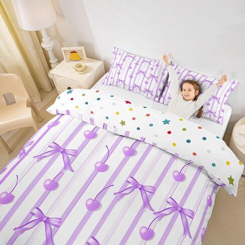 jejeloiu Coquette Bows Kids Bedding Set Toddler Size Cute Fruit Cherry Duvet Cover for Boys Girls Teens Bedroom Decor Stripes Comforter Cover Geometric Breathable Soft Lightweight Microfiber 2Pcs in Saudi Arabia