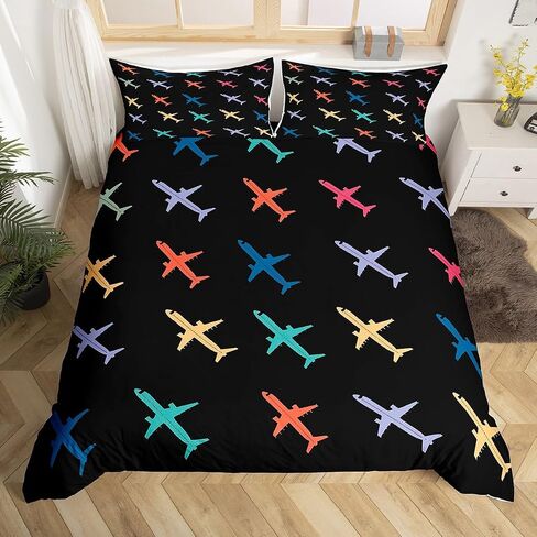 Colorful Aircraft Duvet Cover Toddler Size Cartoon Airplane Bedding Set 2pcs Cute Plane Silhouette Comforter Cover for Boys Room Decor Flying Aircrafts Quilt Cover,1 Pillowcase(Not Comforter) in Saudi Arabia