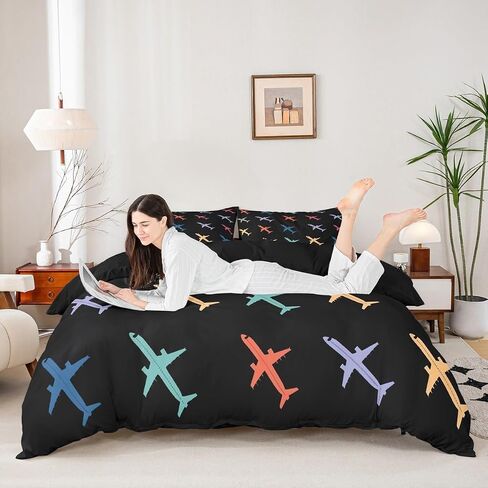 Colorful Aircraft Duvet Cover Toddler Size Cartoon Airplane Bedding Set 2pcs Cute Plane Silhouette Comforter Cover for Boys Room Decor Flying Aircrafts Quilt Cover,1 Pillowcase(Not Comforter) in Saudi Arabia