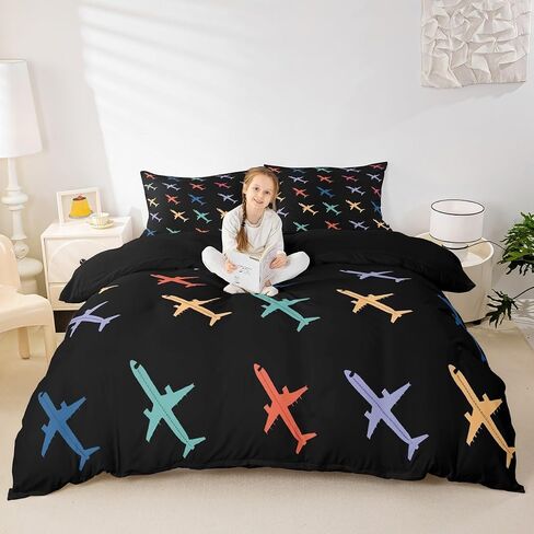 Colorful Aircraft Duvet Cover Toddler Size Cartoon Airplane Bedding Set 2pcs Cute Plane Silhouette Comforter Cover for Boys Room Decor Flying Aircrafts Quilt Cover,1 Pillowcase(Not Comforter) in Saudi Arabia
