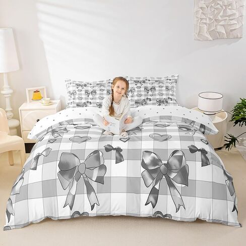 Watercolor Bow Bedding Set Toddler Size Kids Heart-Shaped Comforter Cover for Boys Girls Teens Girls Bow Duvet Cover Breathable Soft Lightweight Microfiber Grid Room Decor Bedclothes in Saudi Arabia