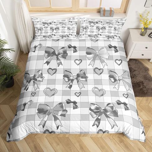 Watercolor Bow Bedding Set Toddler Size Kids Heart-Shaped Comforter Cover for Boys Girls Teens Girls Bow Duvet Cover Breathable Soft Lightweight Microfiber Grid Room Decor Bedclothes in Saudi Arabia