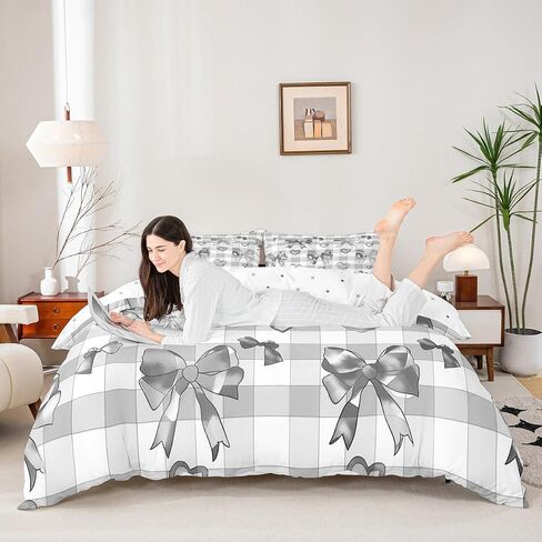 Watercolor Bow Bedding Set Toddler Size Kids Heart-Shaped Comforter Cover for Boys Girls Teens Girls Bow Duvet Cover Breathable Soft Lightweight Microfiber Grid Room Decor Bedclothes in Saudi Arabia