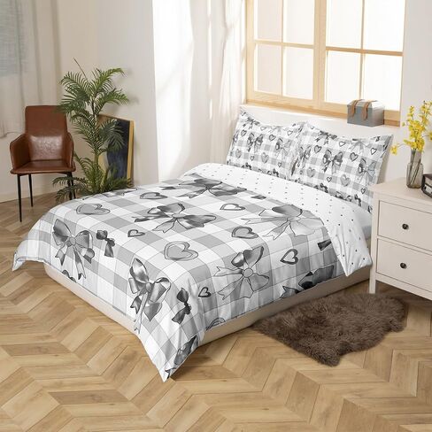 Watercolor Bow Bedding Set Toddler Size Kids Heart-Shaped Comforter Cover for Boys Girls Teens Girls Bow Duvet Cover Breathable Soft Lightweight Microfiber Grid Room Decor Bedclothes in Saudi Arabia