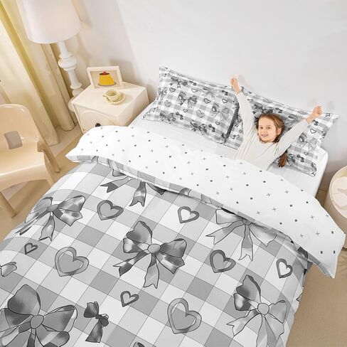 Watercolor Bow Bedding Set Toddler Size Kids Heart-Shaped Comforter Cover for Boys Girls Teens Girls Bow Duvet Cover Breathable Soft Lightweight Microfiber Grid Room Decor Bedclothes in Saudi Arabia