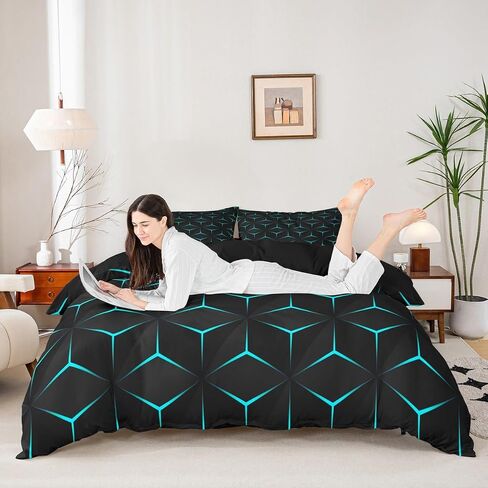 jejeloiu Geometry Duvet Cover Toddler Size Boys Girls Triangle Print Bedding Set for Kids Geometric Comforter Cover Modern Black Teal Blue Room Decor,NO Comforter in Saudi Arabia