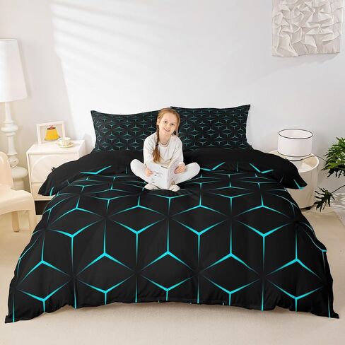 jejeloiu Geometry Duvet Cover Toddler Size Boys Girls Triangle Print Bedding Set for Kids Geometric Comforter Cover Modern Black Teal Blue Room Decor,NO Comforter in Saudi Arabia