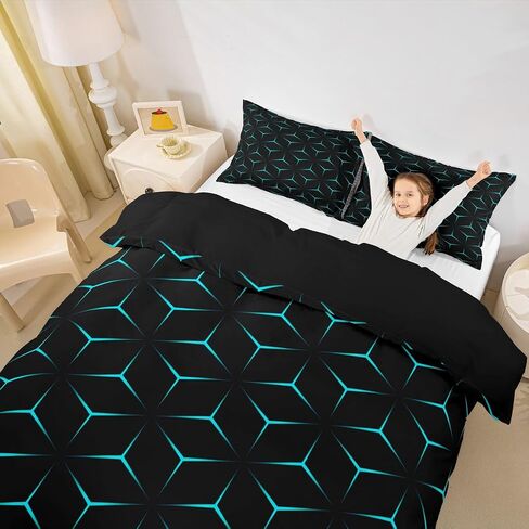 jejeloiu Geometry Duvet Cover Toddler Size Boys Girls Triangle Print Bedding Set for Kids Geometric Comforter Cover Modern Black Teal Blue Room Decor,NO Comforter in Saudi Arabia
