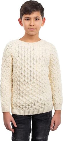 SAOL Classic Aran Cable Sweater for Kids: Crew Neck, 100% Merino Wool Celtci Knit Made in Ireland in Saudi Arabia