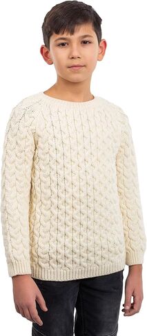 SAOL Classic Aran Cable Sweater for Kids: Crew Neck, 100% Merino Wool Celtci Knit Made in Ireland in Saudi Arabia