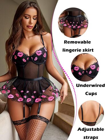 Avidlove Womens Lingerie Supportive Bodysuit with Removable Mini Skirt Embroidery Garter Lingerie Set in Saudi Arabia
