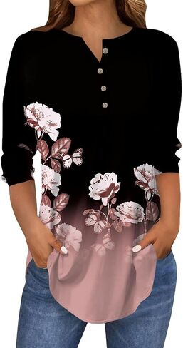 3/4 Length Sleeve Womens Tops Printed Curved Hem T Shirt Button Down Tops Comfy Blouses Dressy Plus Size Tunics in Saudi Arabia