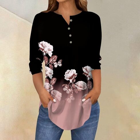 3/4 Length Sleeve Womens Tops Printed Curved Hem T Shirt Button Down Tops Comfy Blouses Dressy Plus Size Tunics in Saudi Arabia