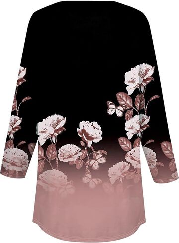 3/4 Length Sleeve Womens Tops Printed Curved Hem T Shirt Button Down Tops Comfy Blouses Dressy Plus Size Tunics in Saudi Arabia
