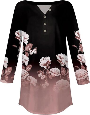 3/4 Length Sleeve Womens Tops Printed Curved Hem T Shirt Button Down Tops Comfy Blouses Dressy Plus Size Tunics in Saudi Arabia
