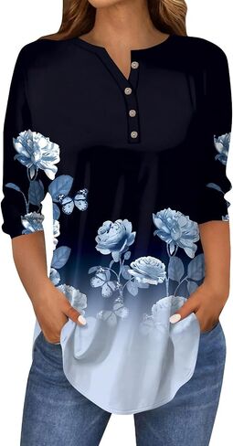 3/4 Length Sleeve Womens Tops Printed Curved Hem T Shirt Button Down Tops Comfy Blouses Dressy Plus Size Tunics in Saudi Arabia