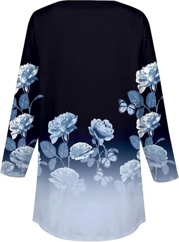 3/4 Length Sleeve Womens Tops Printed Curved Hem T Shirt Button Down Tops Comfy Blouses Dressy Plus Size Tunics in Saudi Arabia