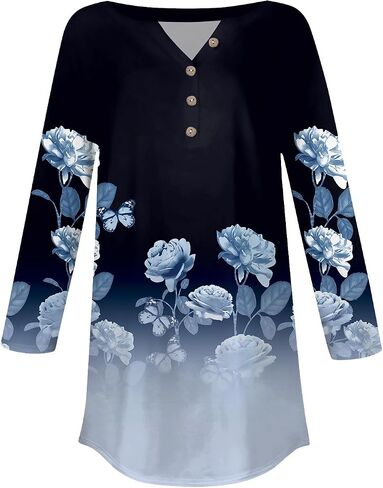 3/4 Length Sleeve Womens Tops Printed Curved Hem T Shirt Button Down Tops Comfy Blouses Dressy Plus Size Tunics in Saudi Arabia