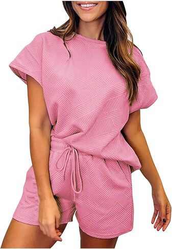 Womens 2 Piece Outfits Lounge Sets Short Sleeve Crewneck Tshirt Wide Leg Shorts Loose Casual Tracksuit with Pocket in Saudi Arabia