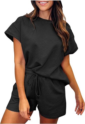 Womens 2 Piece Outfits Lounge Sets Short Sleeve Crewneck Tshirt Wide Leg Shorts Loose Casual Tracksuit with Pocket in Saudi Arabia