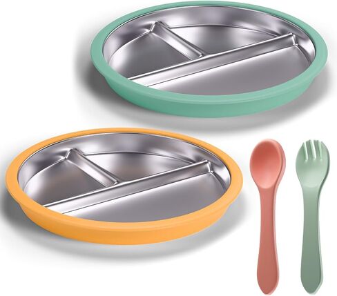 Stainless Steel Toddler Plate with Suction, 9" Divided Plates with Removable Silicone Sleeves for Kids, Non Toxic & BPA Free | Non Slip | Unbreakable Baby Snack Dishes Set of 2, Green & Orange in Saudi Arabia