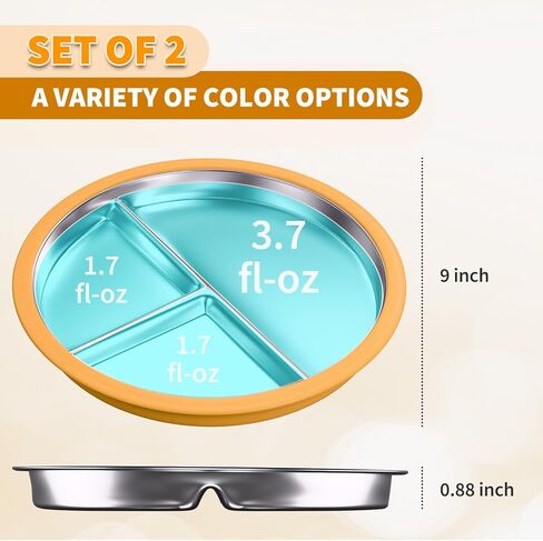 Stainless Steel Toddler Plate with Suction, 9" Divided Plates with Removable Silicone Sleeves for Kids, Non Toxic & BPA Free | Non Slip | Unbreakable Baby Snack Dishes Set of 2, Green & Orange in Saudi Arabia