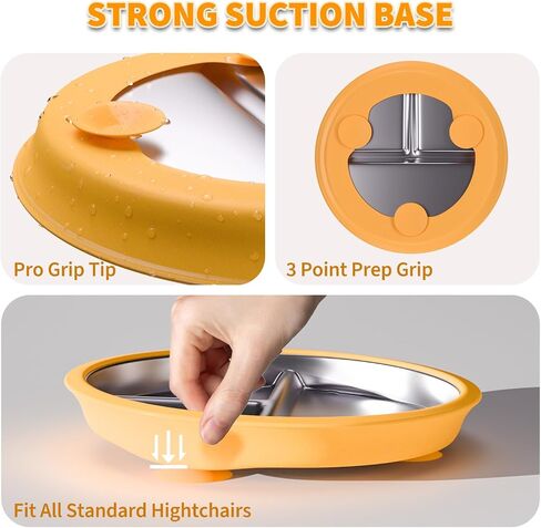 Stainless Steel Toddler Plate with Suction, 9" Divided Plates with Removable Silicone Sleeves for Kids, Non Toxic & BPA Free | Non Slip | Unbreakable Baby Snack Dishes Set of 2, Green & Orange in Saudi Arabia